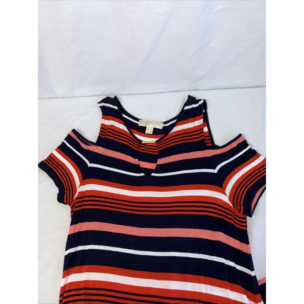 Michael Kors Cold Shoulder Striped Dress Orange Blue White Womens Small